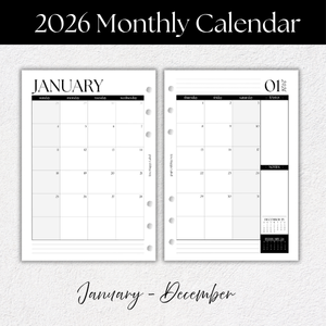 2026 Monthly Calendar Inserts ~ Dated | A5, 6-ring Punch