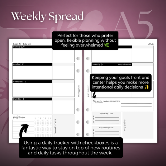 2026-2027 "Horizontal" Layout Weekly Planner WO2P | A5 6-Hole Ringbound
