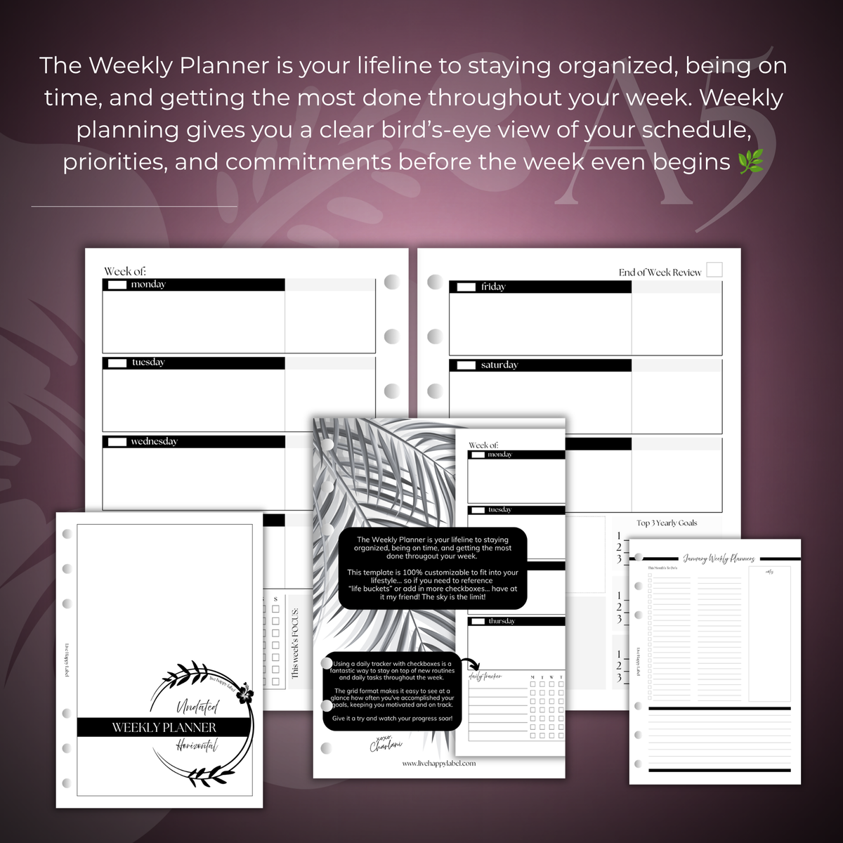 Undated Weekly Planner Inserts ~ Horizontal Format | A5, 6-ring Punch