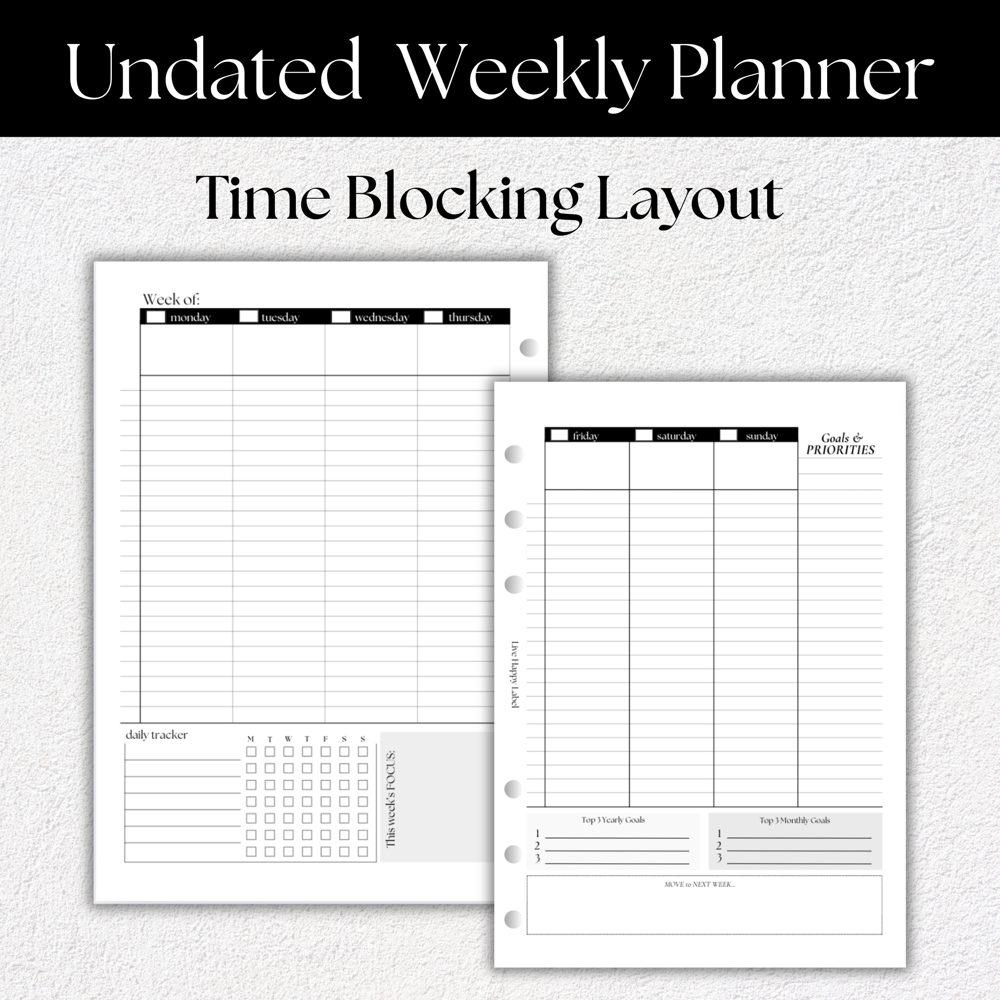 Undated Weekly Planner Inserts ~ Time Blocking Format | A5, 6-ring Pun ...