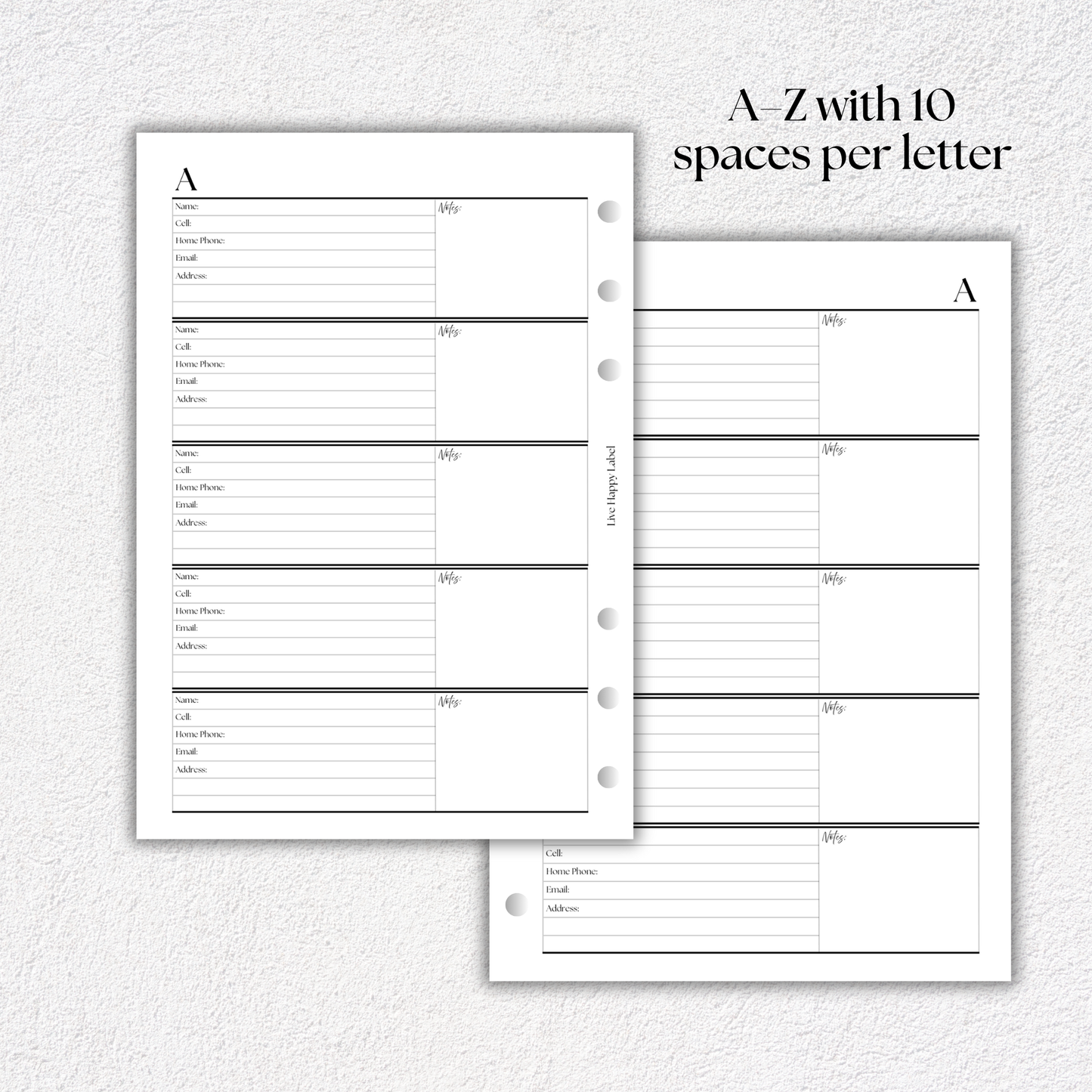 Address Book & Contact List Planner Inserts | A5, 6-ring Punch