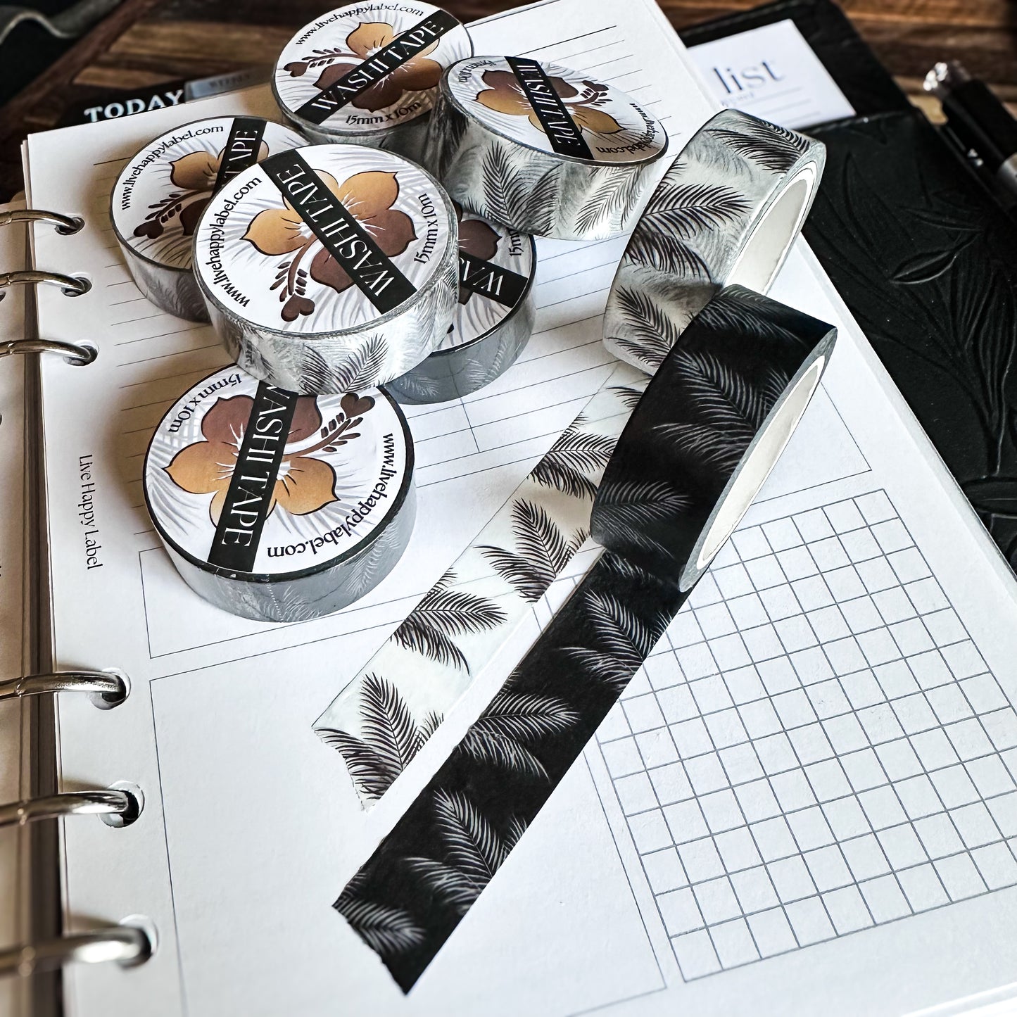 Palm Leaf Washi Tape | White on Black