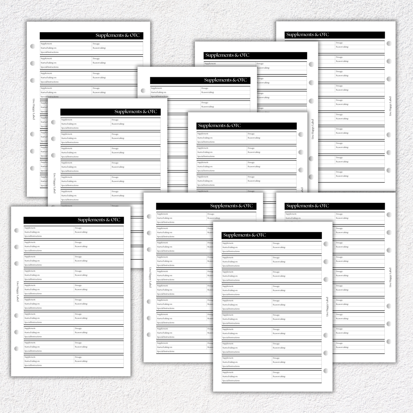 Supplements & OTC Drug Log ~ Medical Planner Inserts | A5, 6-ring Punch