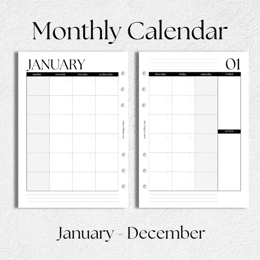 Undated Monthly Calendar Inserts | A5, 6-ring Punch
