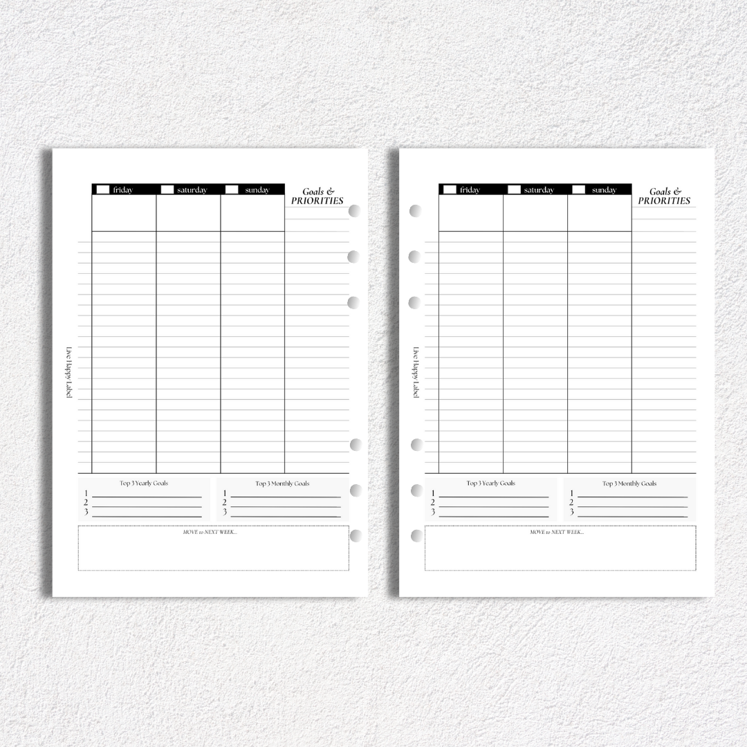 Undated Weekly Planner Inserts ~ Time Blocking Format | A5, 6-ring Punch