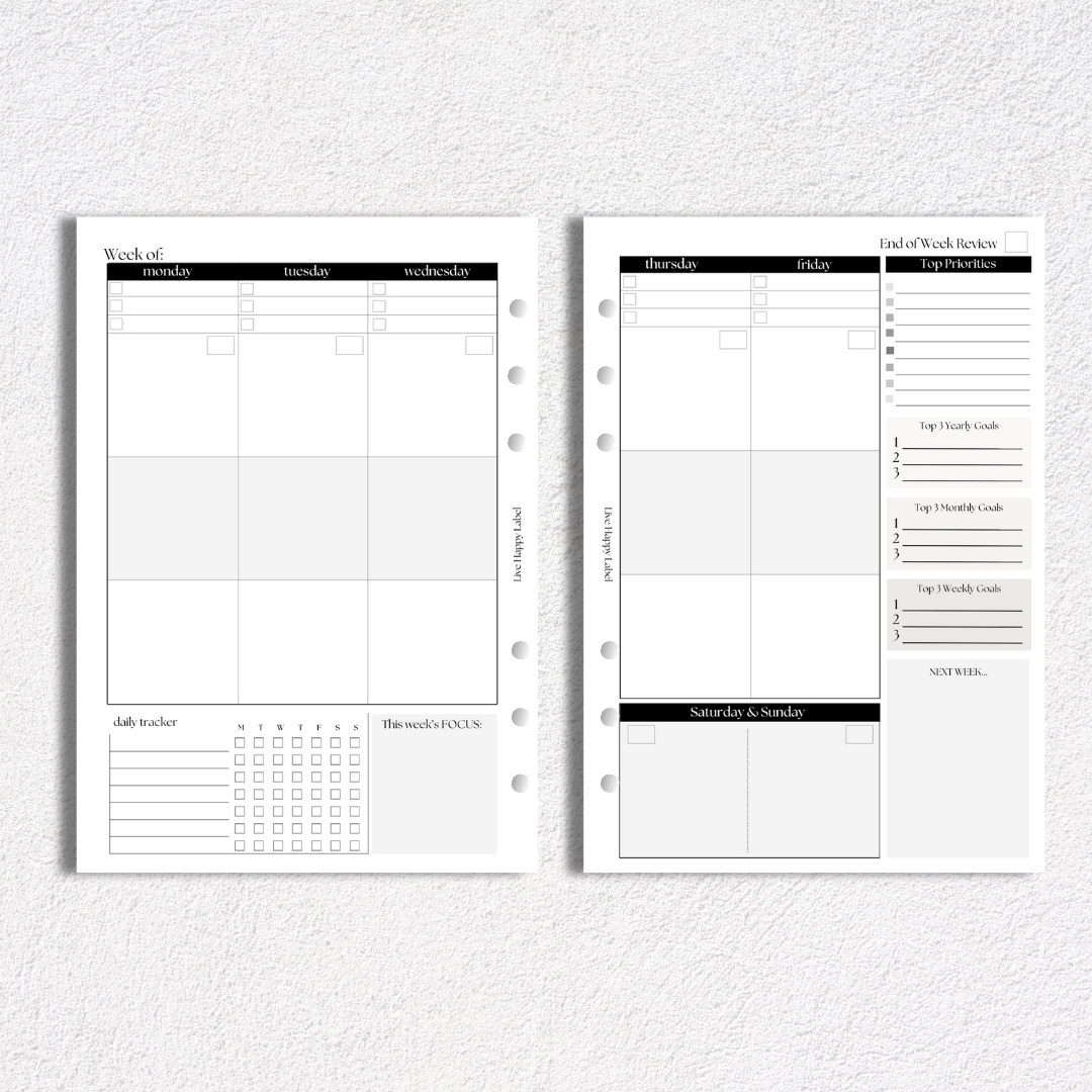 Undated Weekly Planner Inserts ~ Vertical Format | A5, 6-ring Punch