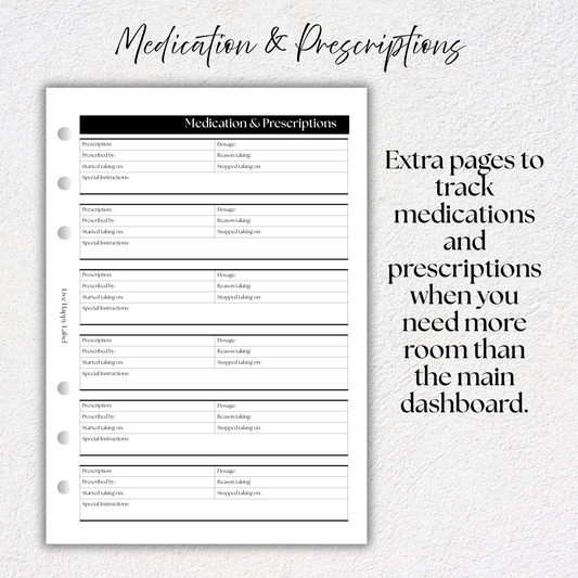 Medications & Prescriptions Log ~ Medical Planner Inserts | A5, 6-ring Punch