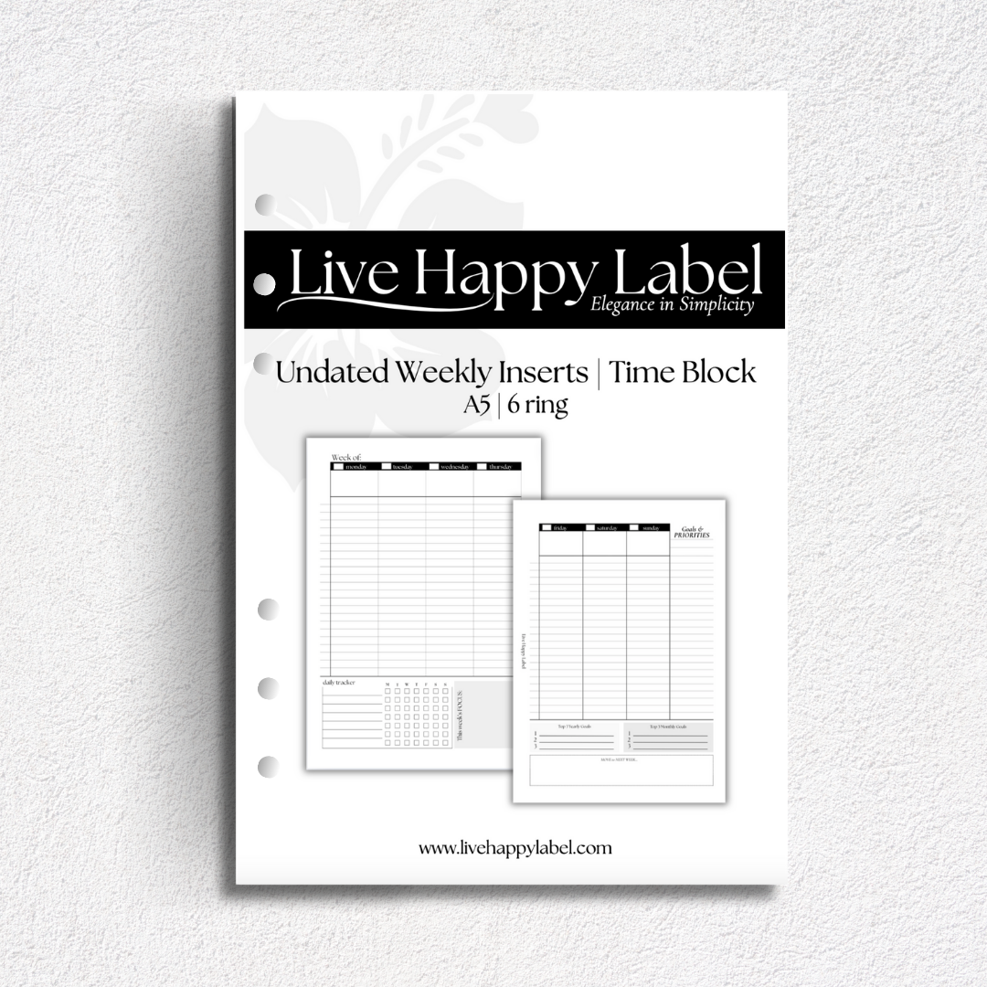 Undated Weekly Planner Inserts ~ Time Blocking Format | A5, 6-ring Punch