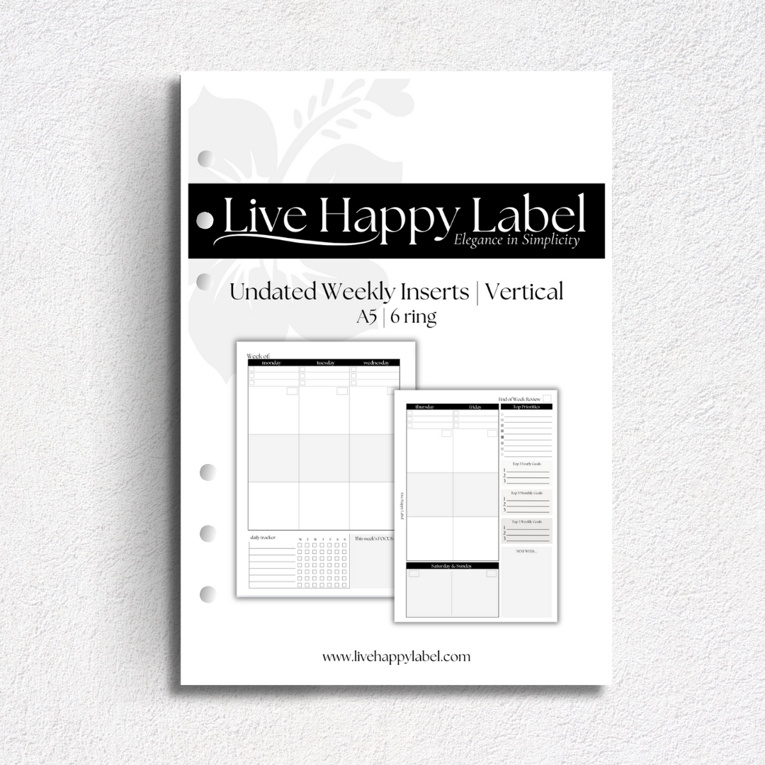 Undated Weekly Planner Inserts ~ Vertical Format | A5, 6-ring Punch