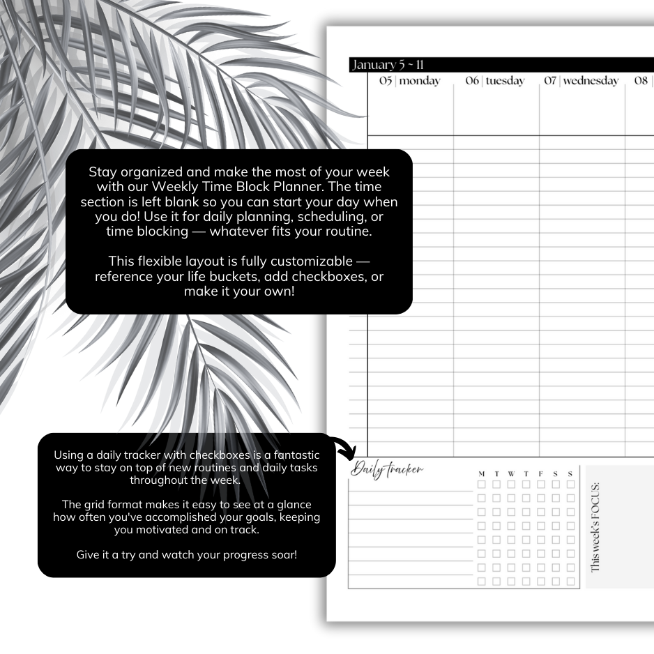2026 Weekly Planner Inserts ~ Time Blocking Format ~ Dated | A5, 6-ring Punch