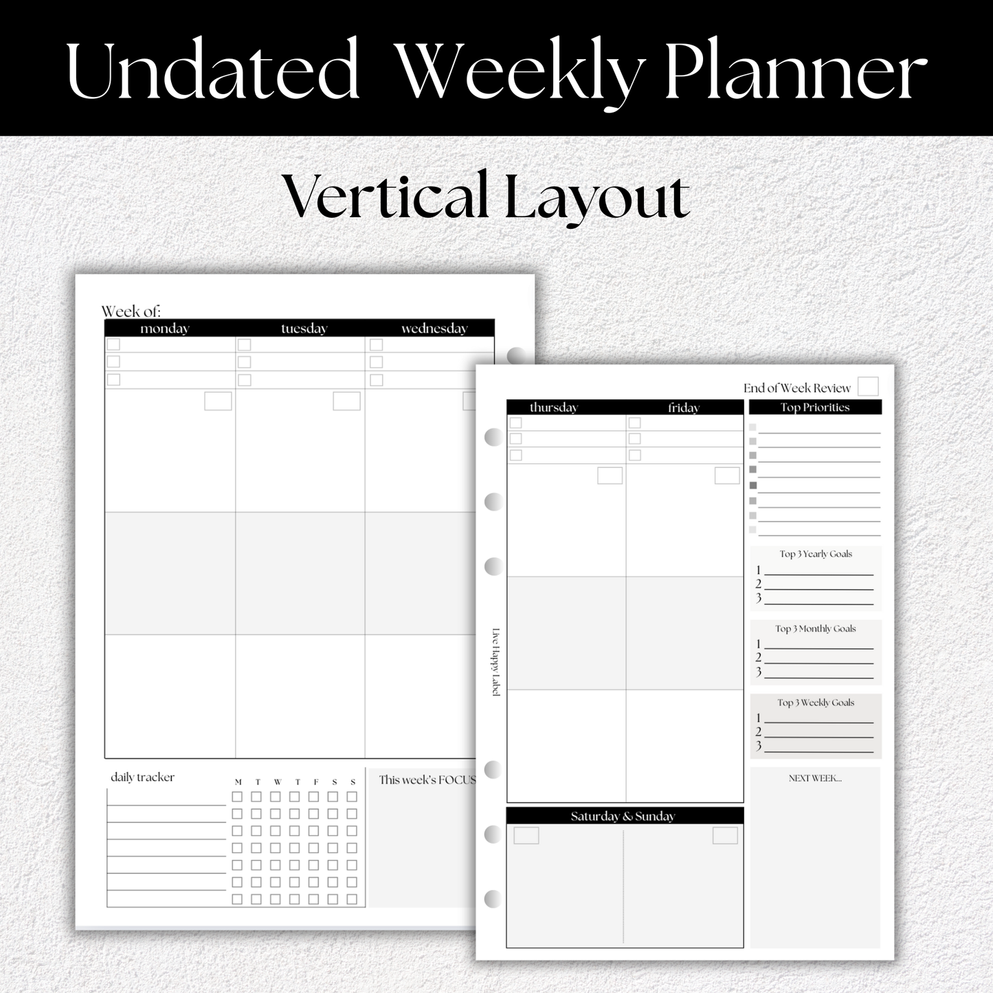 Undated Weekly Planner Inserts ~ Vertical Format | A5, 6-ring Punch