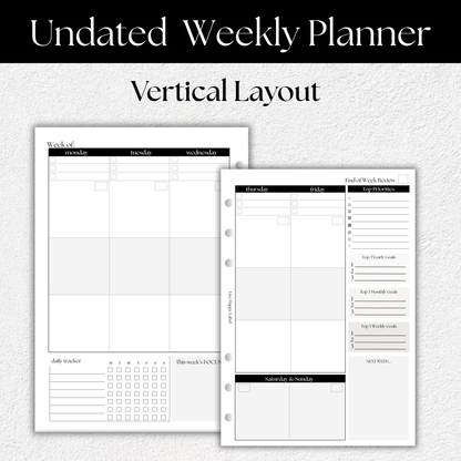 Undated Weekly Planner Inserts ~ Vertical Format | A5, 6-ring Punch