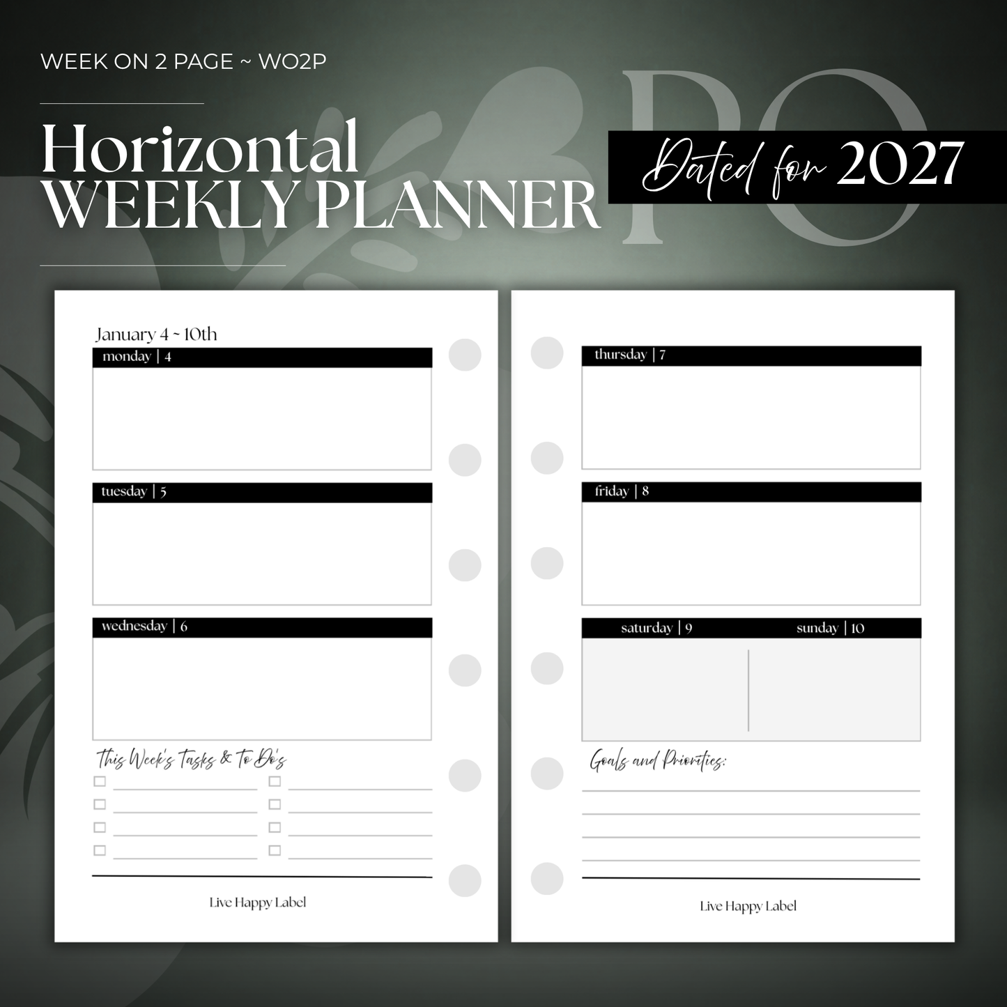 2027 "Horizontal" Layout Weekly Planner WO2P | Pocket 6-Hole Ringbound