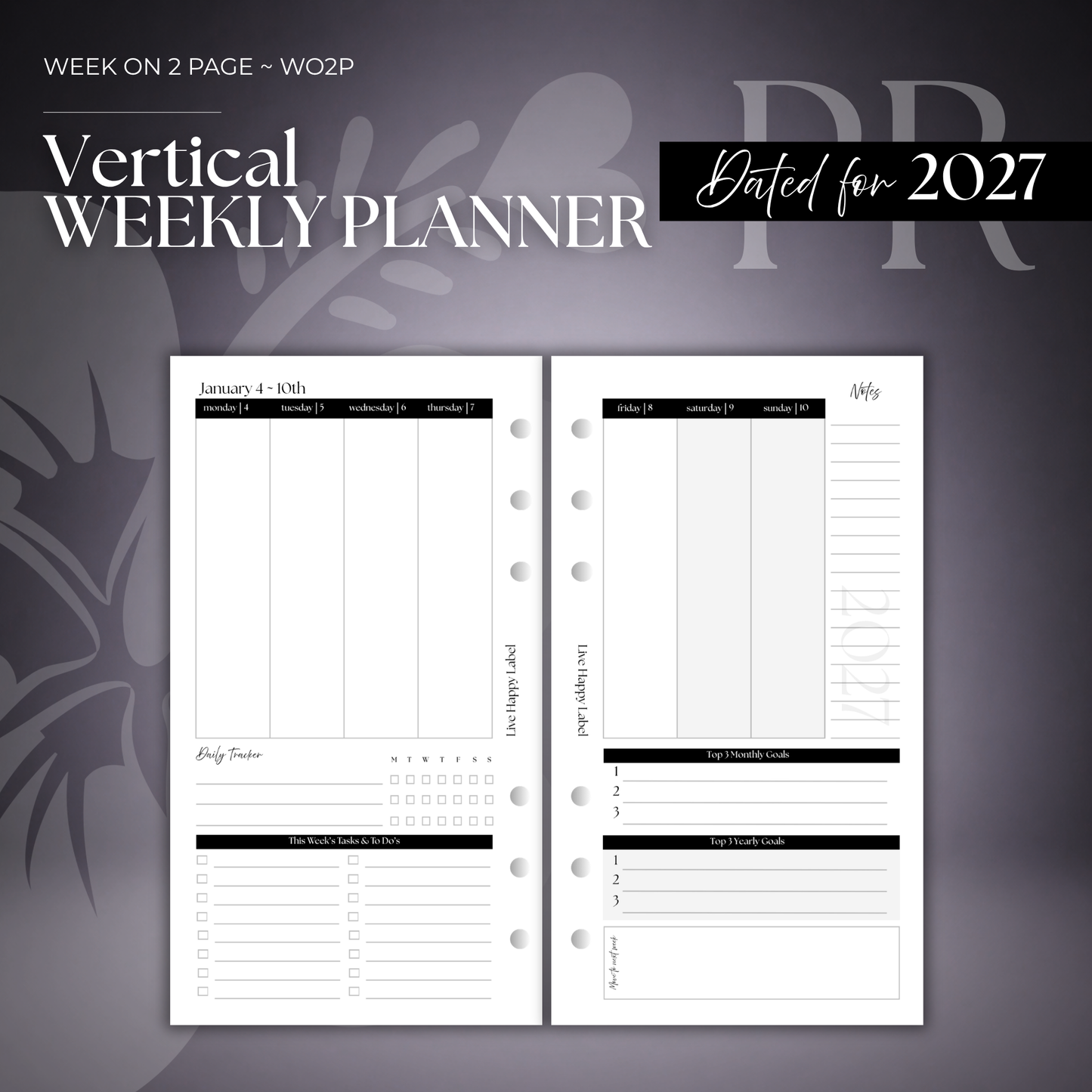 2027 "Vertical" Layout Weekly Planner WO2P | Personal 6-Hole Ringbound