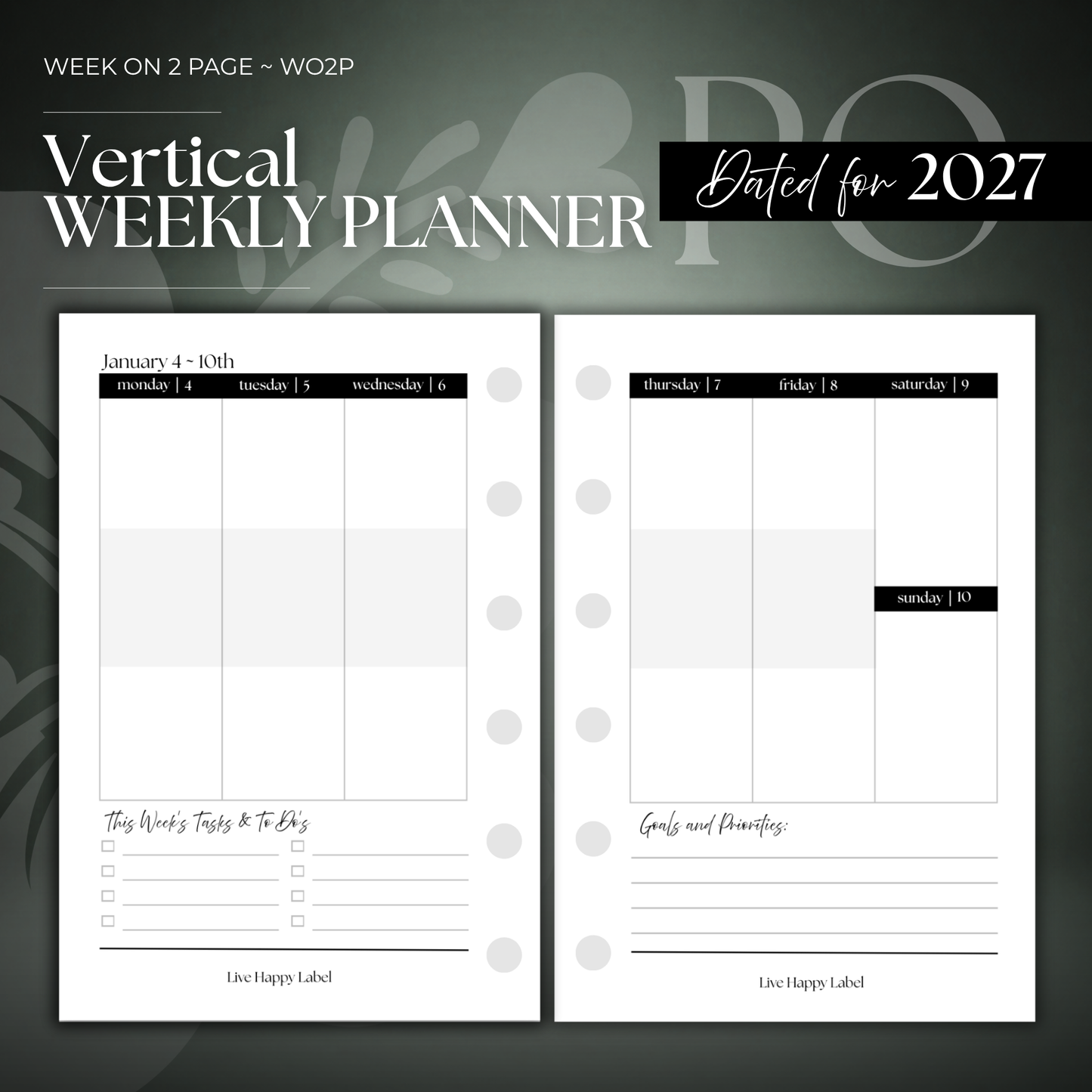 2027 "Vertical" Layout Weekly Planner WO2P | Pocket 6-Hole Ringbound