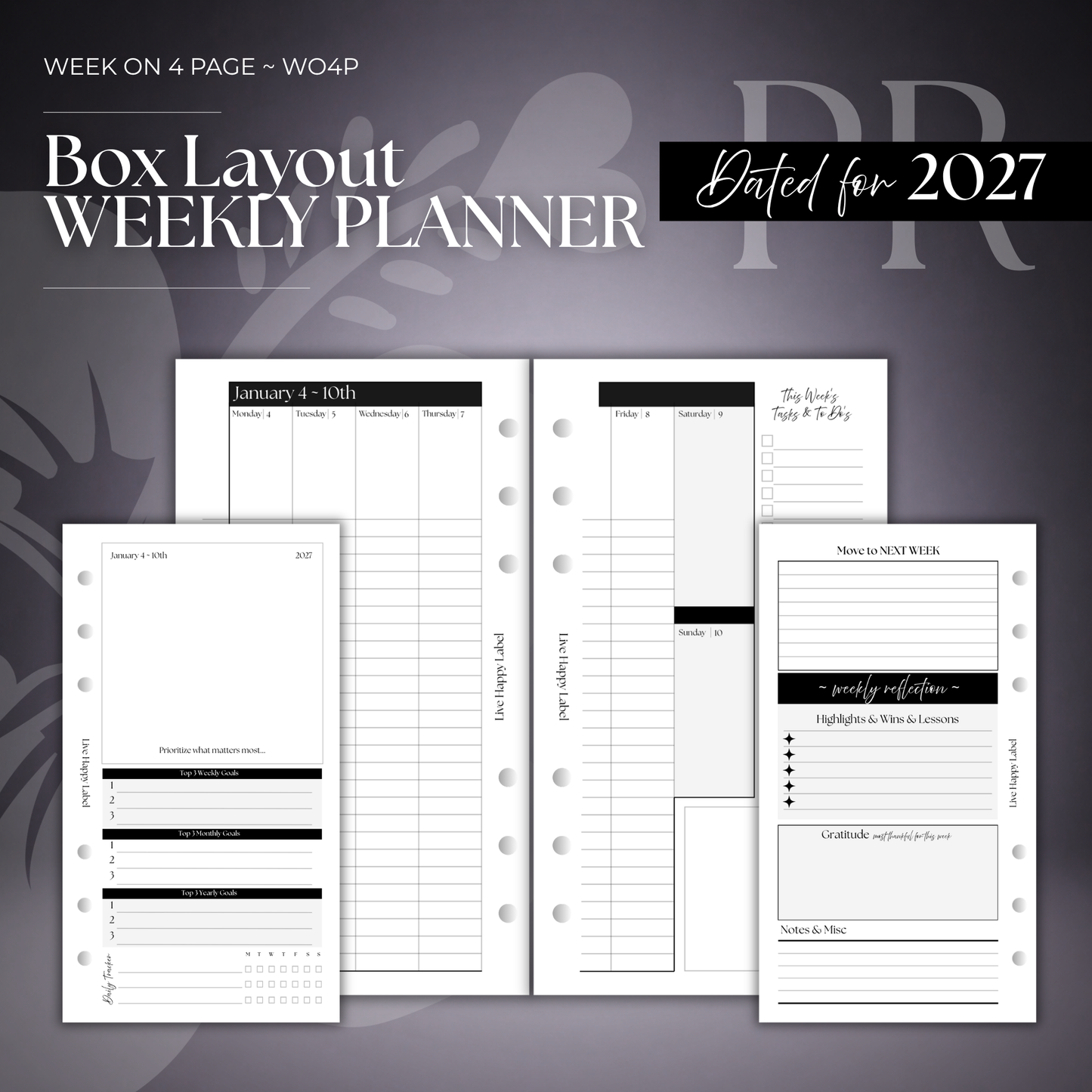 2027 "BOX" Layout Weekly Planner WO4P | Personal 6-Hole Ringbound