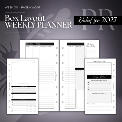 2027 "BOX" Layout Weekly Planner WO4P | Personal 6-Hole Ringbound
