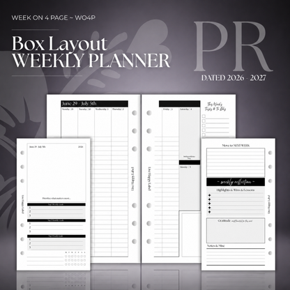 2026-2027 "BOX" Layout Weekly Planner WO4P | Personal 6-Hole Ringbound