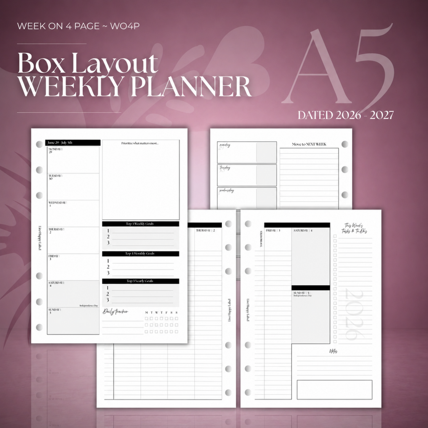 2026-2027 "BOX" Layout Weekly Planner WO4P | A5 6-Hole Ringbound