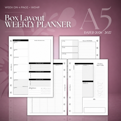 2026-2027 "BOX" Layout Weekly Planner WO4P | A5 6-Hole Ringbound