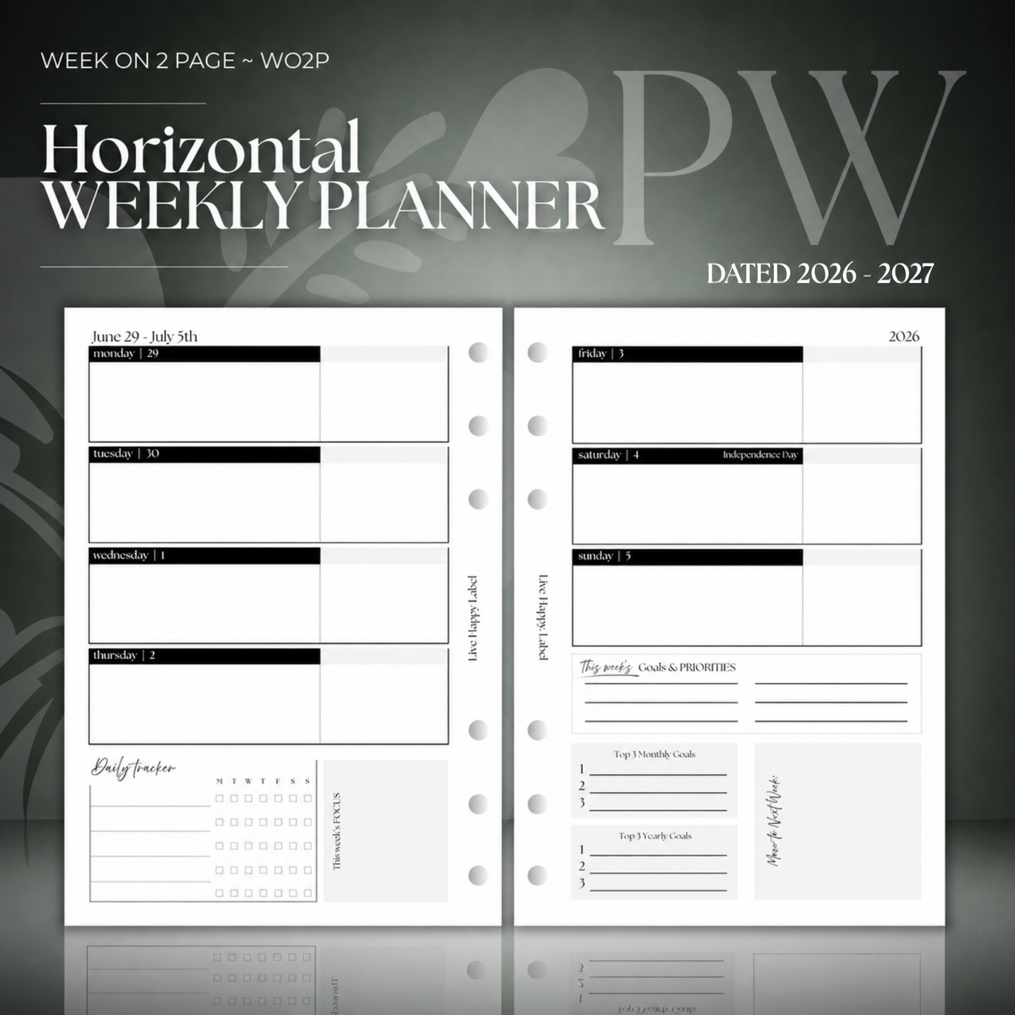 2026-2027 "Horizontal" Layout Weekly Planner WO2P | Personal Wide 6-Hole Ringbound