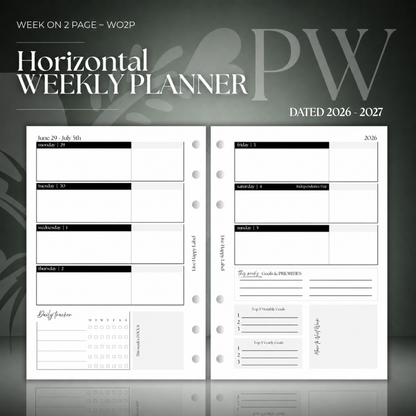 2026-2027 "Horizontal" Layout Weekly Planner WO2P | Personal Wide 6-Hole Ringbound