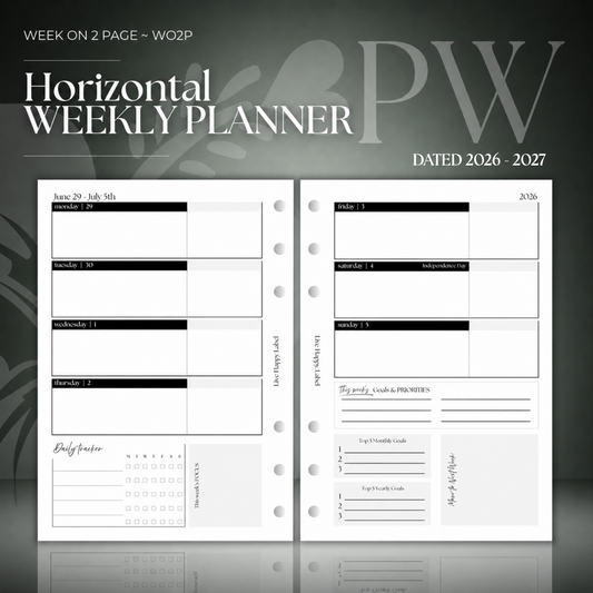 2026-2027 "Horizontal" Layout Weekly Planner WO2P | Personal Wide 6-Hole Ringbound