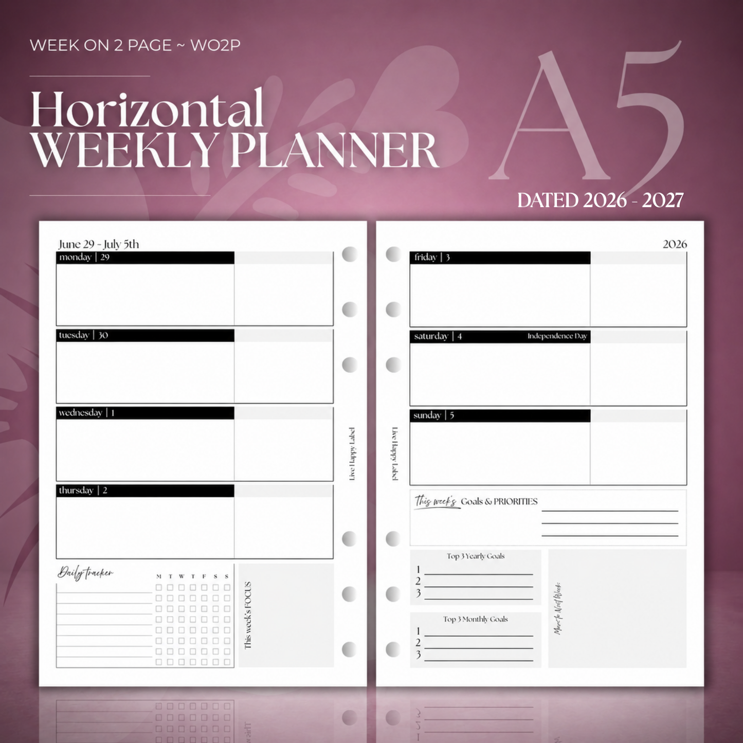 2026-2027 "Horizontal" Layout Weekly Planner WO2P | A5 6-Hole Ringbound