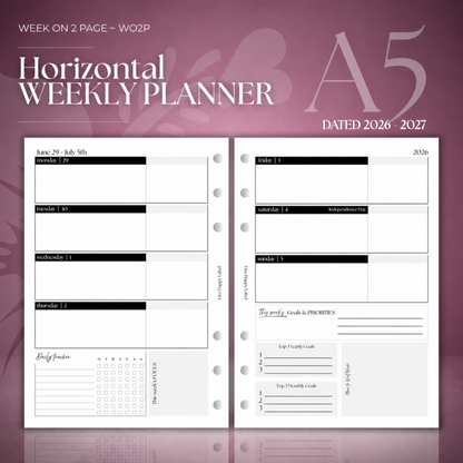 2026-2027 "Horizontal" Layout Weekly Planner WO2P | A5 6-Hole Ringbound