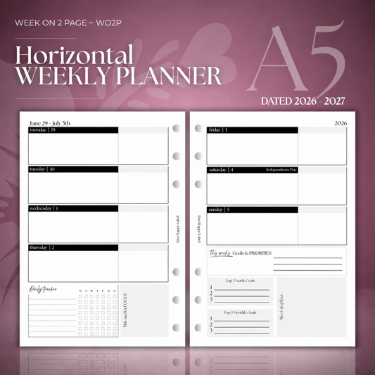 2026-2027 "Horizontal" Layout Weekly Planner WO2P | A5 6-Hole Ringbound