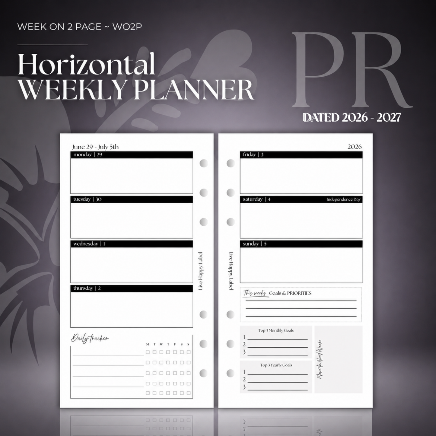 2026-2027 "Horizontal" Layout Weekly Planner WO2P | Personal 6-Hole Ringbound