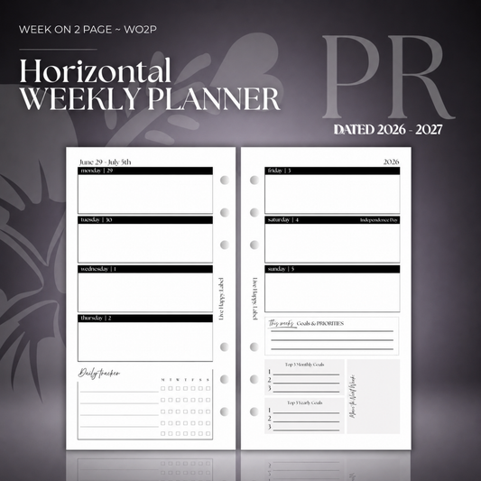 2026-2027 "Horizontal" Layout Weekly Planner WO2P | Personal 6-Hole Ringbound