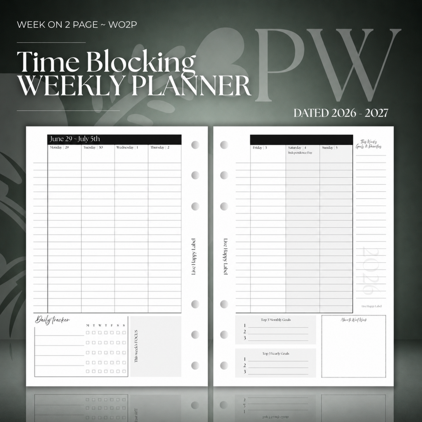 2026-2027 "Time Blocking" Layout Weekly Planner WO2P | Personal Wide 6-Hole Ringbound