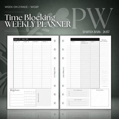 2026-2027 "Time Blocking" Layout Weekly Planner WO2P | Personal Wide 6-Hole Ringbound