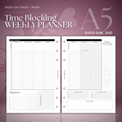 2026-2027 "Time Blocking" Layout Weekly Planner WO2P | A5 6-Hole Ringbound