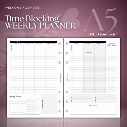2026-2027 "Time Blocking" Layout Weekly Planner WO2P | A5 6-Hole Ringbound