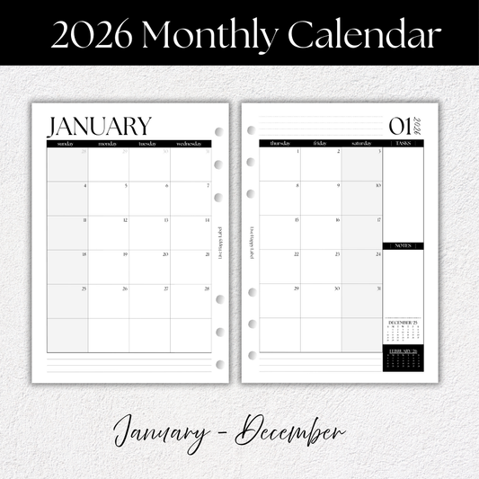 2026 Monthly Calendar Inserts ~ Dated | A5, 6-ring Punch