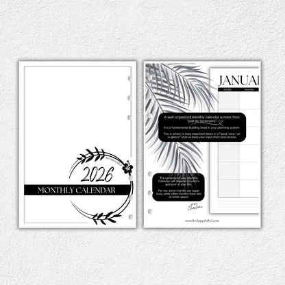 2026 Monthly Calendar Inserts ~ Dated | A5, 6-ring Punch