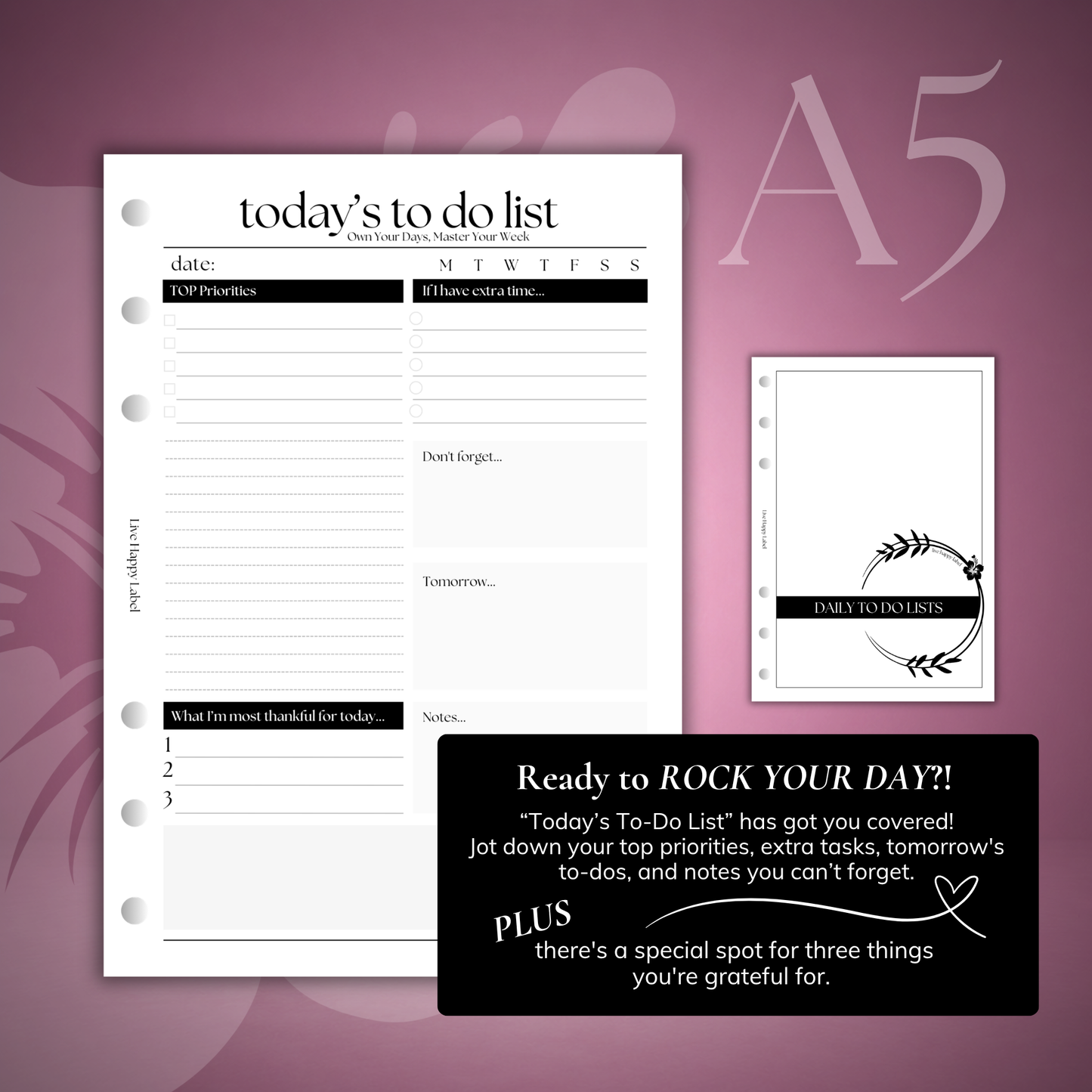 Daily To Do List Inserts | A5 6-Hole Ringbound