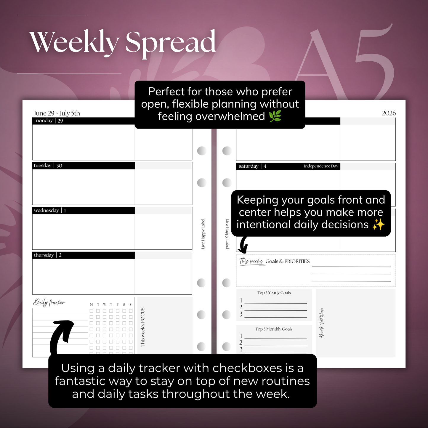 2026-2027 "Horizontal" Layout Weekly Planner WO2P | A5 6-Hole Ringbound