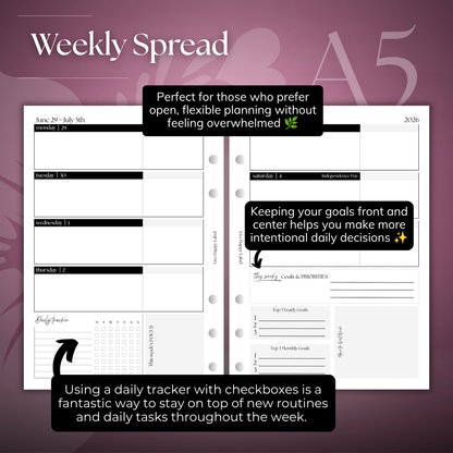 2026-2027 "Horizontal" Layout Weekly Planner WO2P | A5 6-Hole Ringbound