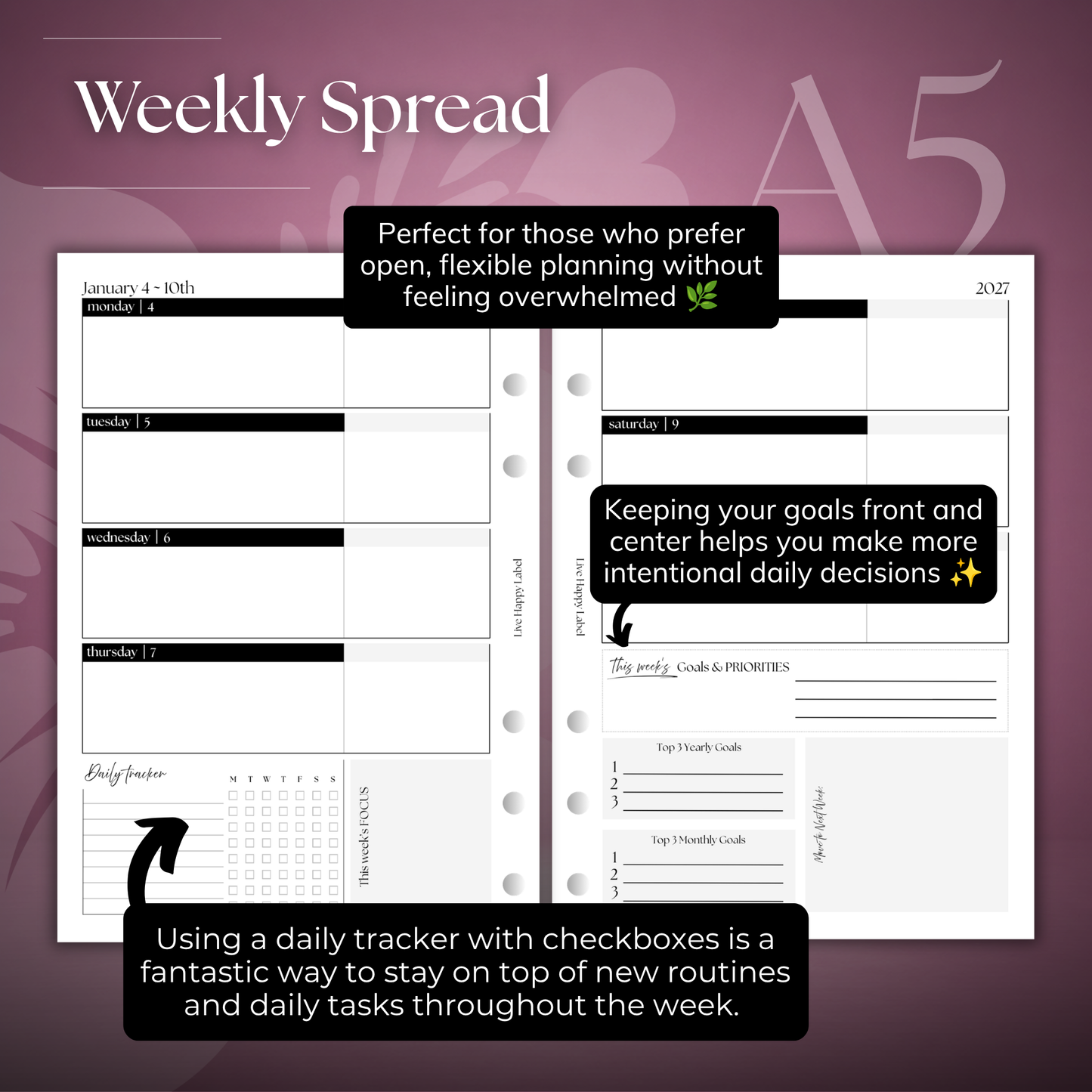 2027 "Horizontal" Layout Weekly Planner WO2P | A5 6-Hole Ringbound