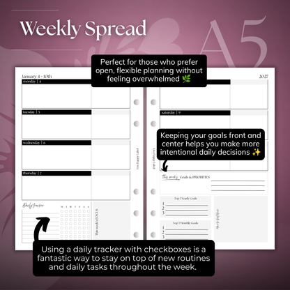 2027 "Horizontal" Layout Weekly Planner WO2P | A5 6-Hole Ringbound