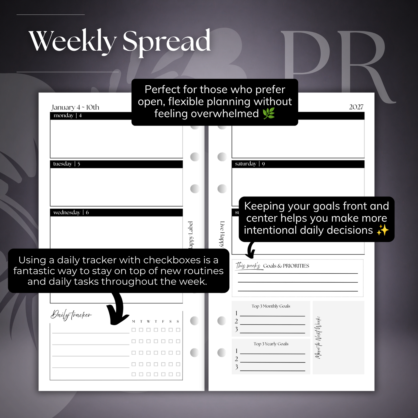 2027 "Horizontal" Layout Weekly Planner WO2P | Personal 6-Hole Ringbound