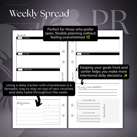 Undated "Horizontal" Layout Weekly Planner WO2P | Personal 6-Hole Ringbound