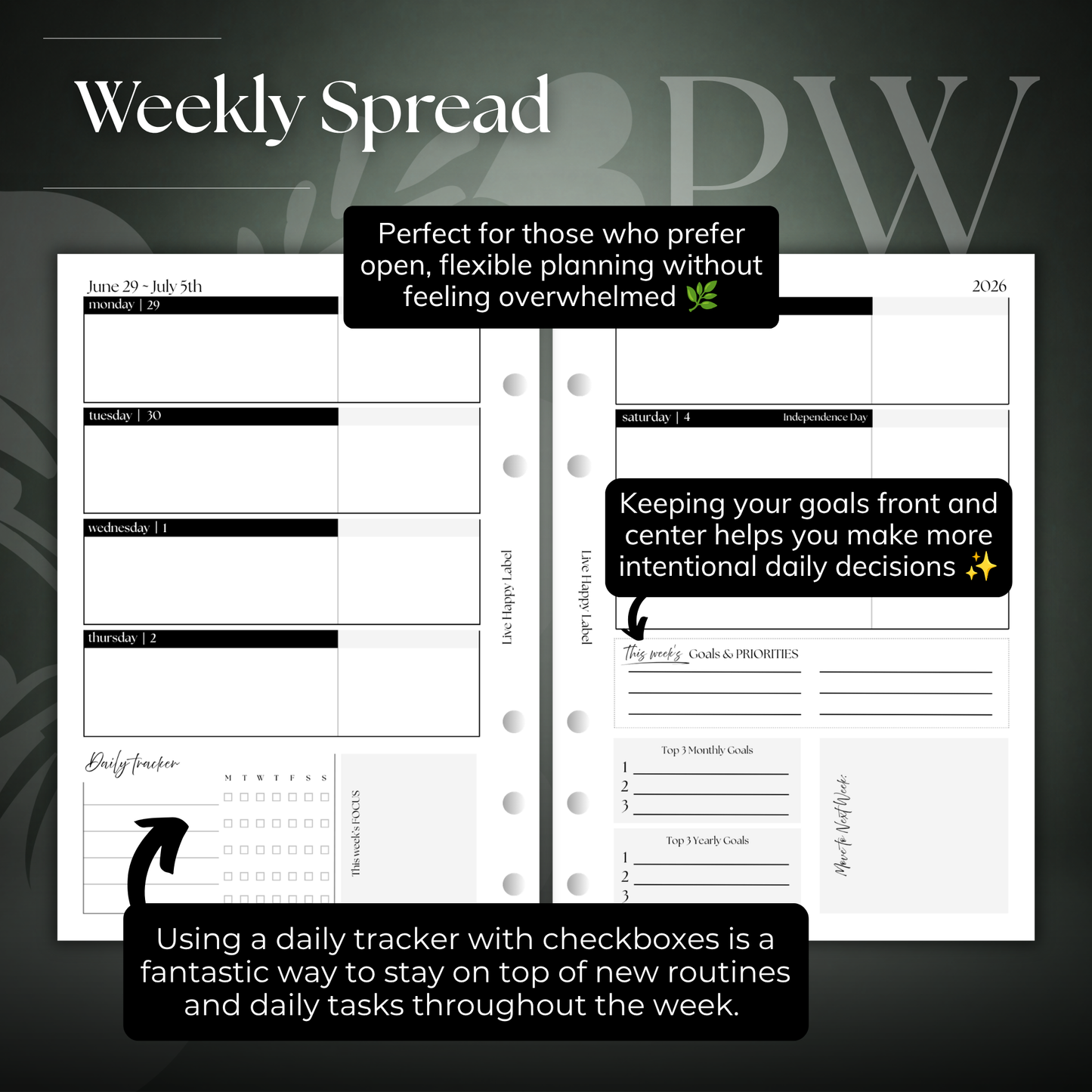 2026-2027 "Horizontal" Layout Weekly Planner WO2P | Personal Wide 6-Hole Ringbound