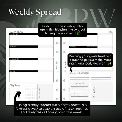 2026-2027 "Horizontal" Layout Weekly Planner WO2P | Personal Wide 6-Hole Ringbound