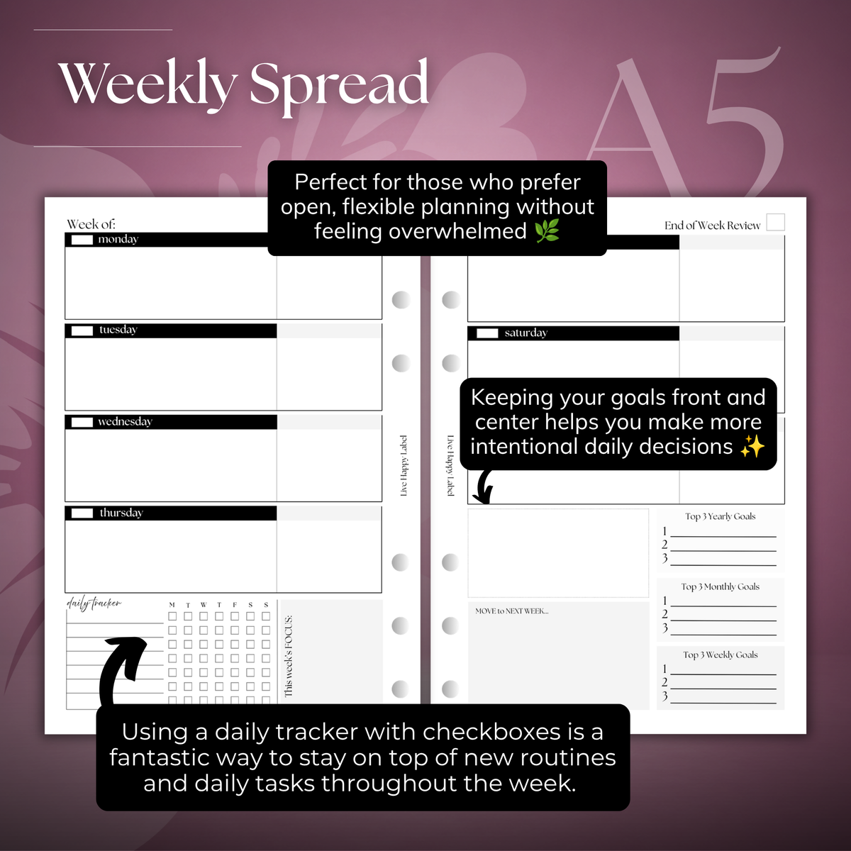 Undated Weekly Planner Inserts ~ Horizontal Format | A5, 6-ring Punch