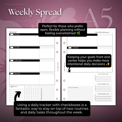 Undated Weekly Planner Inserts ~ Horizontal Format | A5, 6-ring Punch