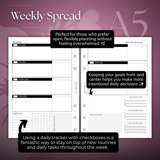 Undated Weekly Planner Inserts ~ Horizontal Format | A5, 6-ring Punch